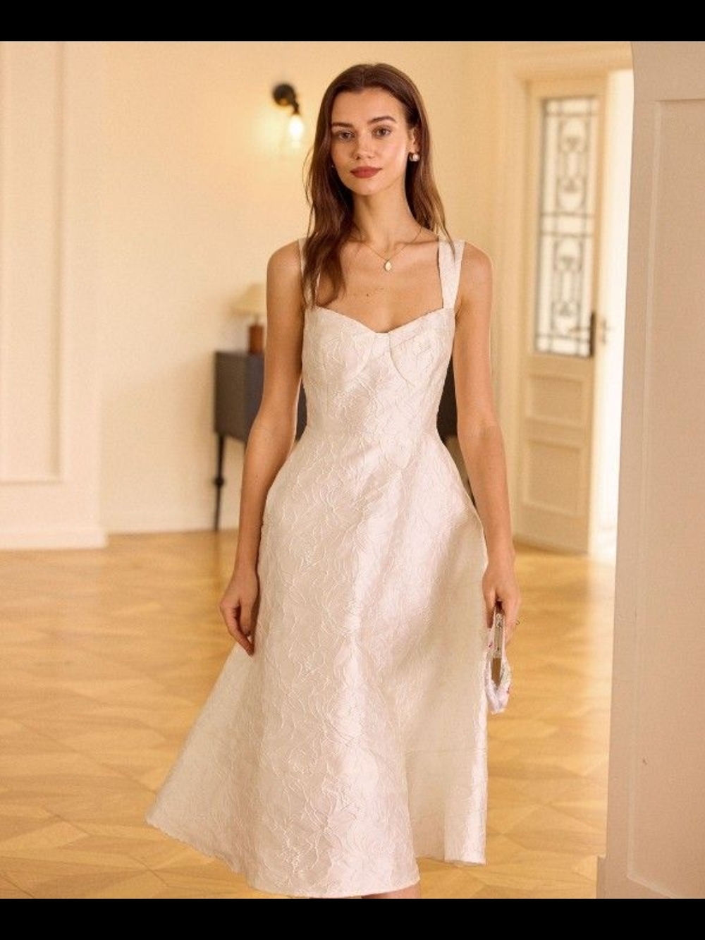 Elegant White Jacquard Midi Dress